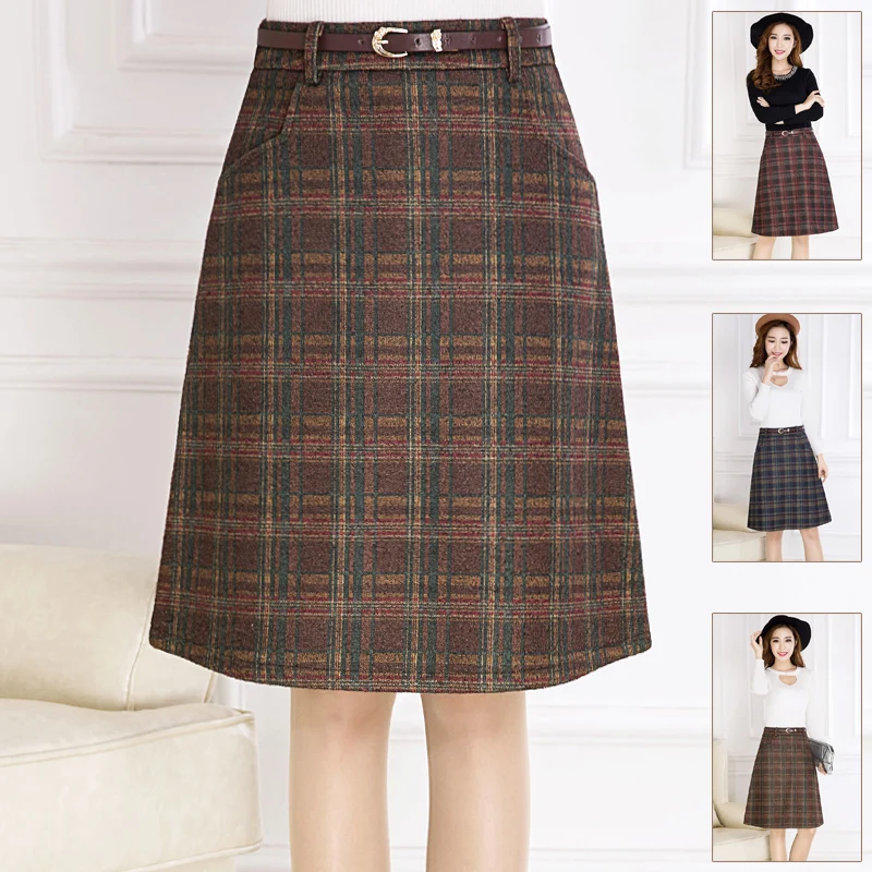 

Thick Wool Plaid Skirt Knee Length Women Skirts Autumn And Winter Long Skirt Lady Retro