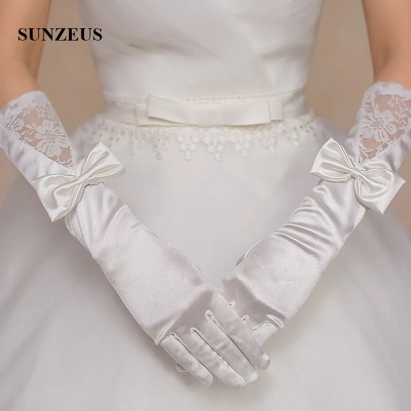

Full Finger White Bridal Gloves Under Elbow Length Wedding Accessories for Bride Lace Top with Bow Women's Formal Gloves SG03