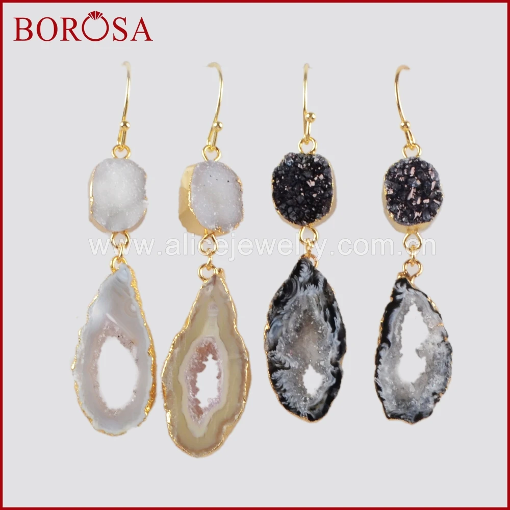 

BOROSA 5 пар, оптовая продажа, золотые, светло-/черные, Druzy & Onyx, Druzy, висячие серьги, хорошее качество, Drusy, серьги G1471