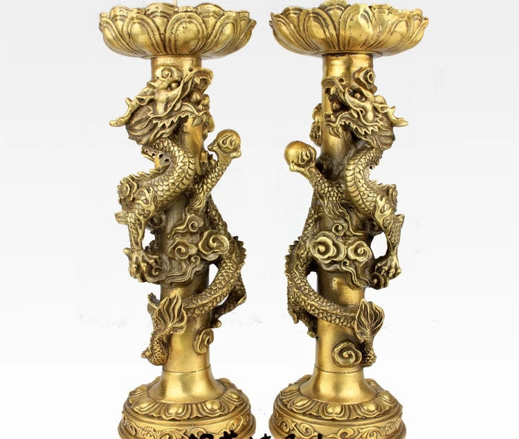 15 ''Китай Бронза фэн шуй пара двойной дракон Подсвечник Статуя|statue bronze|statue