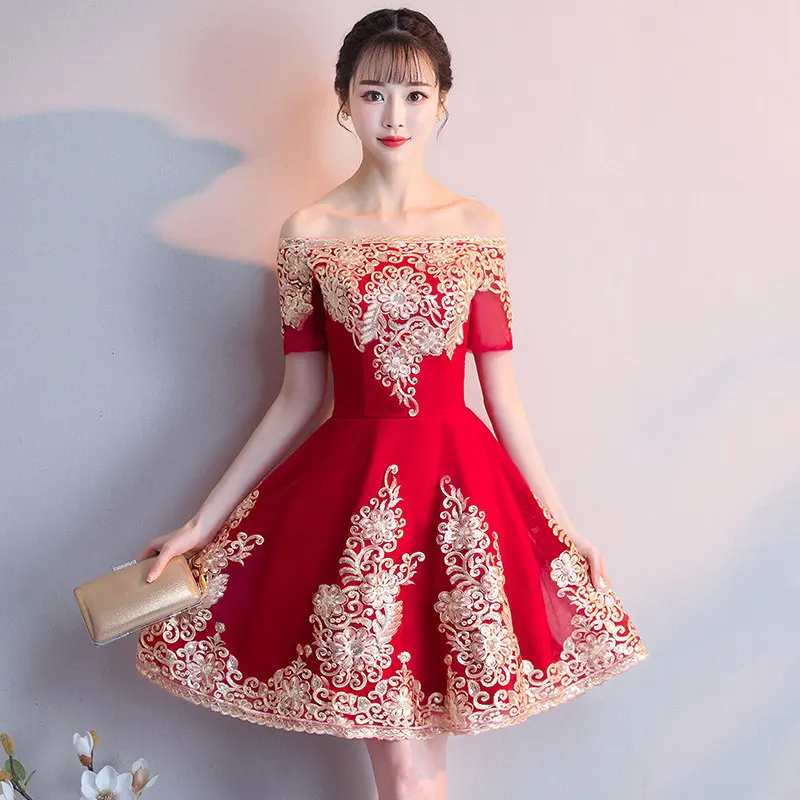 Красное женское вечернее платье с вырезом лодочкой элегантное мини Ципао