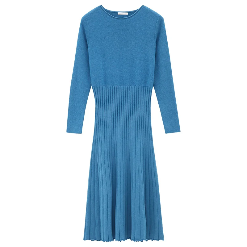 Light Blue INMAN осеннее Новое поступление хлопковое корейское модное приталенное женское платье трапециевидной формы с круглым вырезом и длинным рукавом - Цвет: Light Blue