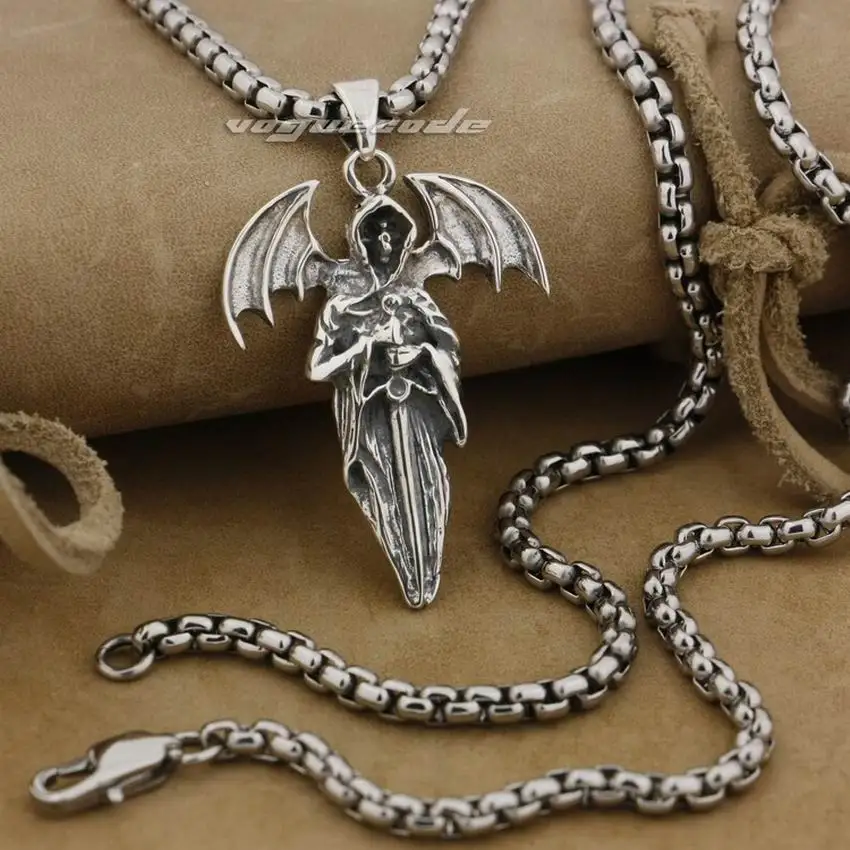 

LINSION 925 Sterling Silver Death Wing Sword Mens Biker Rock Punk Pendant 9E024