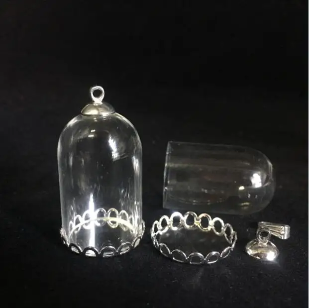 

5sets/lot 30*20mm tube bell glass globe silver color lace base cap set glass vials pendant glass bottle accessories findings