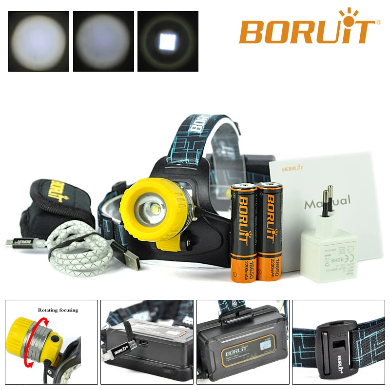 Boruit Модернизированный B11 XM-L T6 светодиодный налобный фонарь Перезаряжаемые масштабируемой головной светильник фонарь 18650 PCB батареи Micro USB желтого цвета