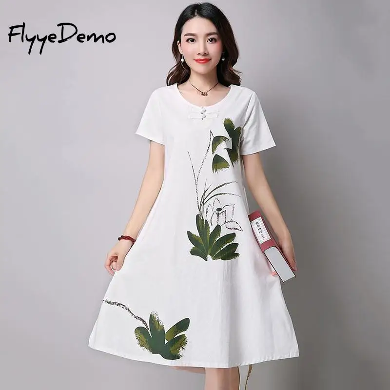 Women Casual Cotton Linen Dress Lotus Printing O-Neck Summer 2018 Vintage Short Sleeve Waist Bow Loose Dresses |
