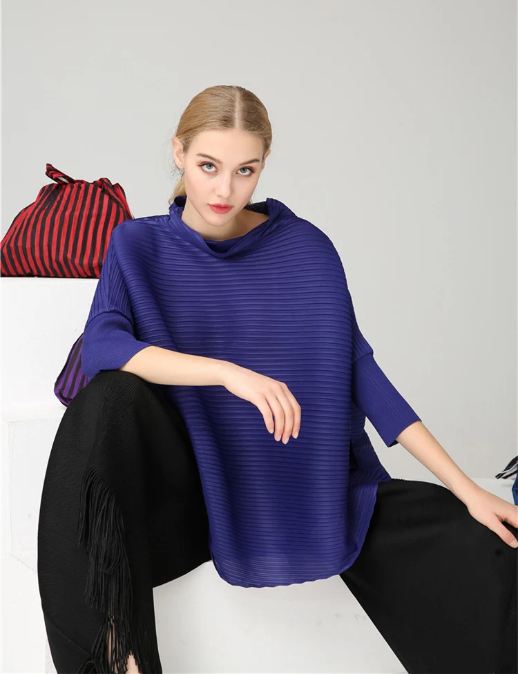Changpleat Весенняя свободная Асимметричная Женская футболка Топы Miyak плиссированные модные футболки со стоячим воротником и рукавами летучая мышь большого размера - Цвет: Blue