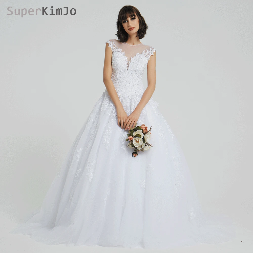 

SuperKimJo Chapel Train Wedding Dresses 2019 Robe De Mariee Lace Applique Beaded Wedding Gown Arabic Style Vestido De Novia