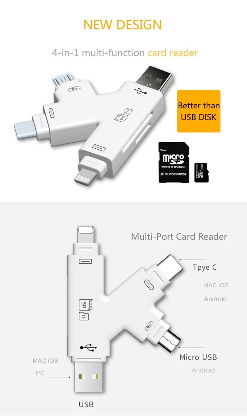 4в1 SD TF кардридер iOS Micro USB Type C для ipad iphone XS MAX XR 8 7 6 plus 11 PRO MacBook PC OTG Android Phone|Картридеры|