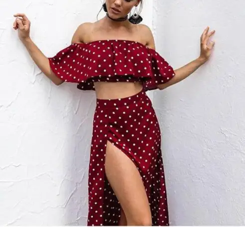 

Women Off Shoulder Red Vintage Dot Long Dress Summer Maxi Dress Chiffon Ruffle Sexy Beach Dresses Vestidos