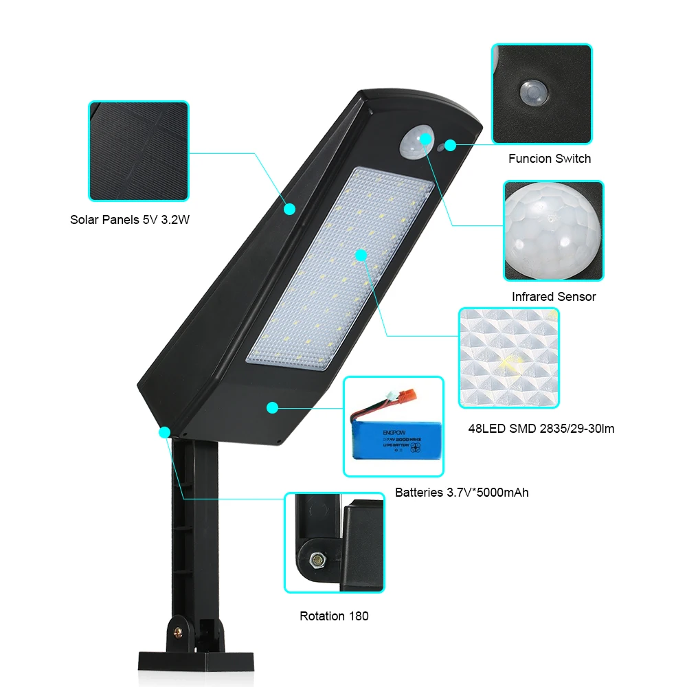 Solar Powered Floodlight 48 LED Lights Wireless Auto Motion Sensor Wall Light IP65 Waterproof Outdoor Security | Безопасность и