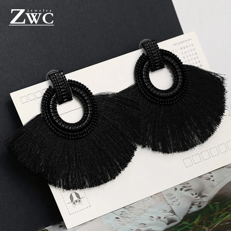 ZWC, модные, богемные, с кисточками, винтажные, массивные, висячие серьги для женщин, черные, красные, желтые, большие висячие серьги с бахромой, ювелирные изделия - Окраска металла: black