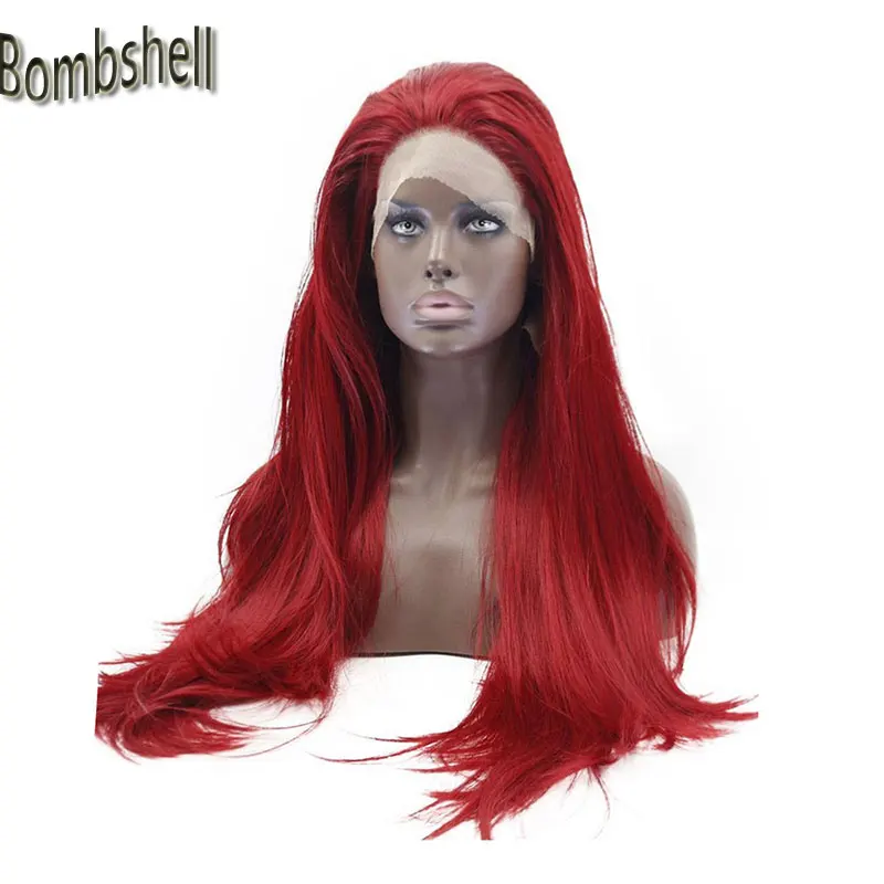 Bombshell ручной работы синтетический парик на кружеве Glueless Длинные прямые красные термостойкие волокна натуральные полностью волосы парики для женщин