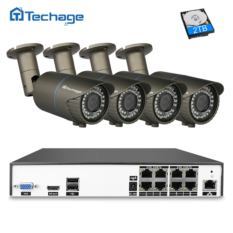 Techage H.265 8CH 4MP сетевой видеорегистратор POE IP CCTV Системы 2 8 мм 12 объектив с переменным