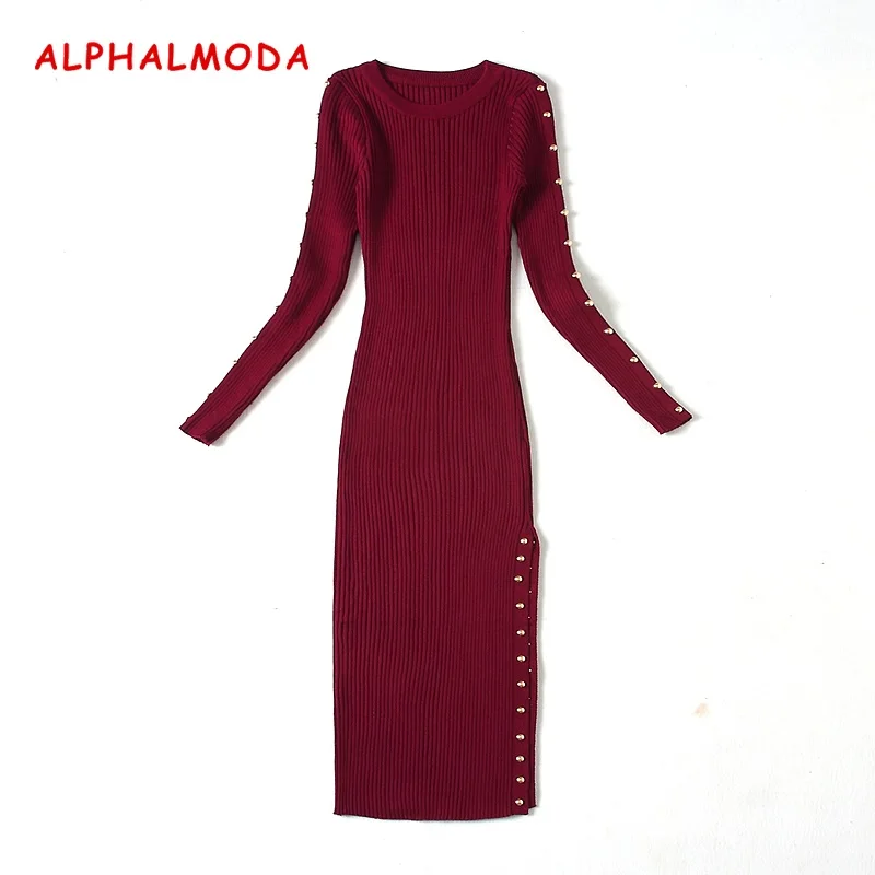 

Женское облегающее платье [ALPHALMODA], трикотажное облегающее платье с заклепками, Боковым Разрезом и длинным рукавом на осень и зиму 2017