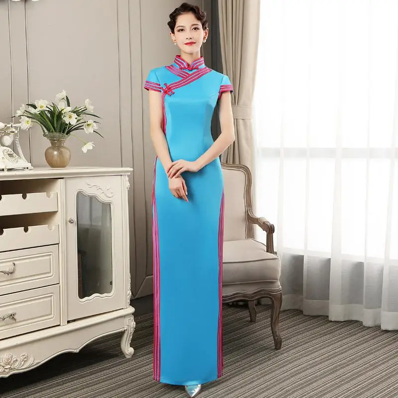 Модные макси Вечерние Cheongsam Восточное вечернее платье Китайский длинный стиль женское элегантное Qipao Мини платье Vestido размера плюс S-5XL - Цвет: Light Blue