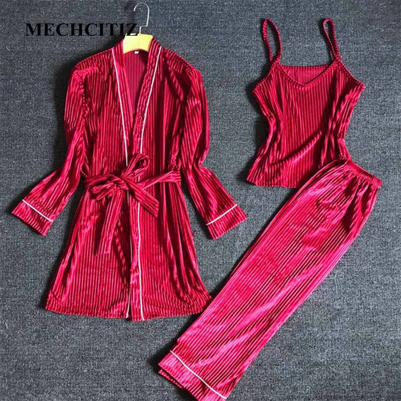 Осенне зимний женский пижамный комплект MECHCITIZ бархатная ночная рубашка из трех