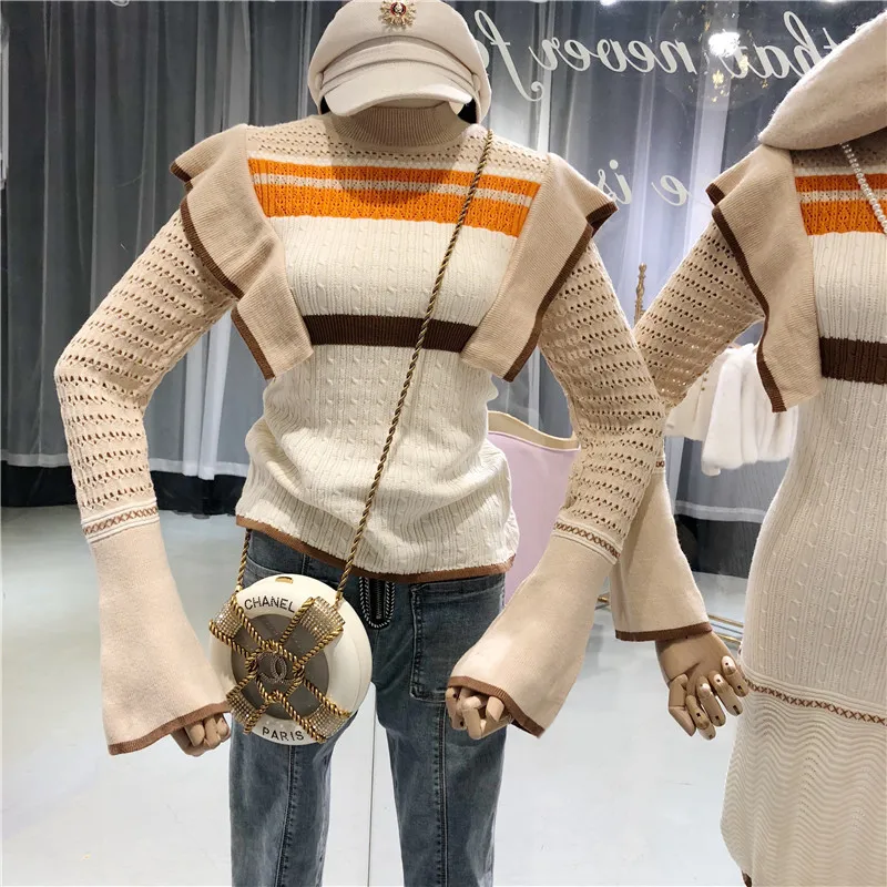 2018 Womens Jumpers Ruffled Striped Slim Female Sweater with Flare-sleeve Ladies Sweet Fashion Knitted for Christmas | Женская одежда