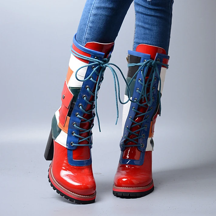 

Prova Perfetto Fashion Mixed Color Leather Women Short Boots Lace Up High Heels Dress Shoes Woman Winter New Ladies Pumps
