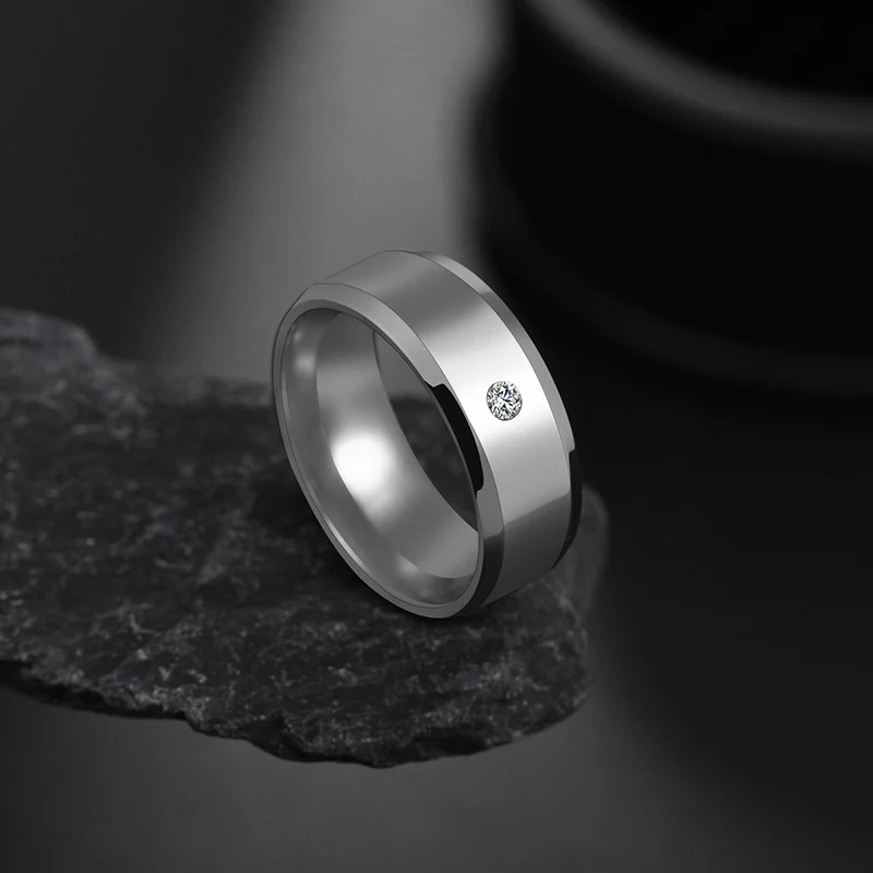 Steel 8mm ELSEMODE, черное титановое кольцо, циркон для мужчин и женщин, заводские прямые антиаллергенные кольца для влюбленных пар, гладкие простые обручальные кольца - Цвет основного камня: Steel 8mm