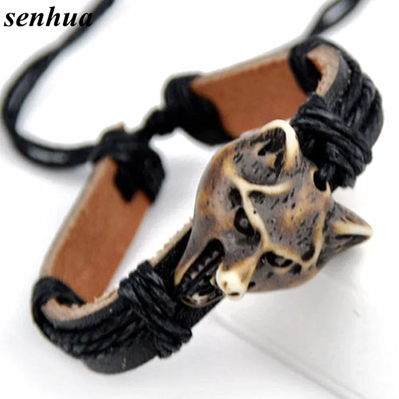 Cool Boy Men's Hand-woven Amulet Wolf Head pendant Leather Bracelets Surfer Bangle Gift YB85 | Украшения и аксессуары