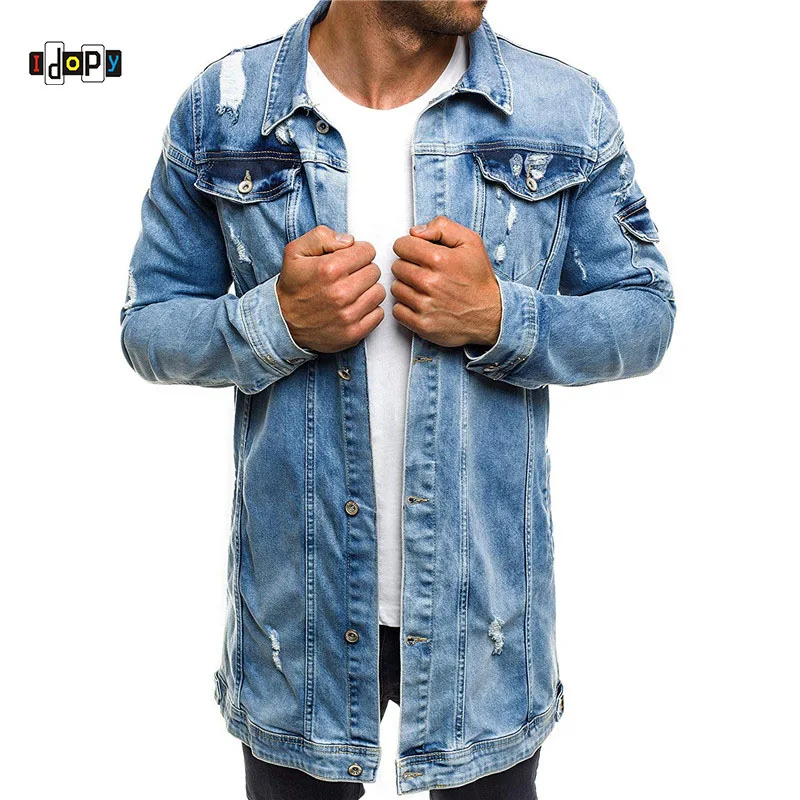 

Idopy Mens Denim Jacket Bomber Jacket Long Street Vintage Biker Slim Fit Distressed Hole Ripped Cowboy Male Jean Jacket and Coat