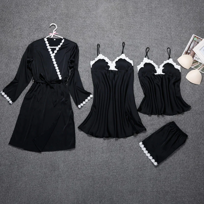 

Sexy Spring Robe Kimono Sleepwear Sleep Sets Womens 4pcs Strap Top Pants Suit Casual Home Wear Pajamas Nightwear Bath Gown