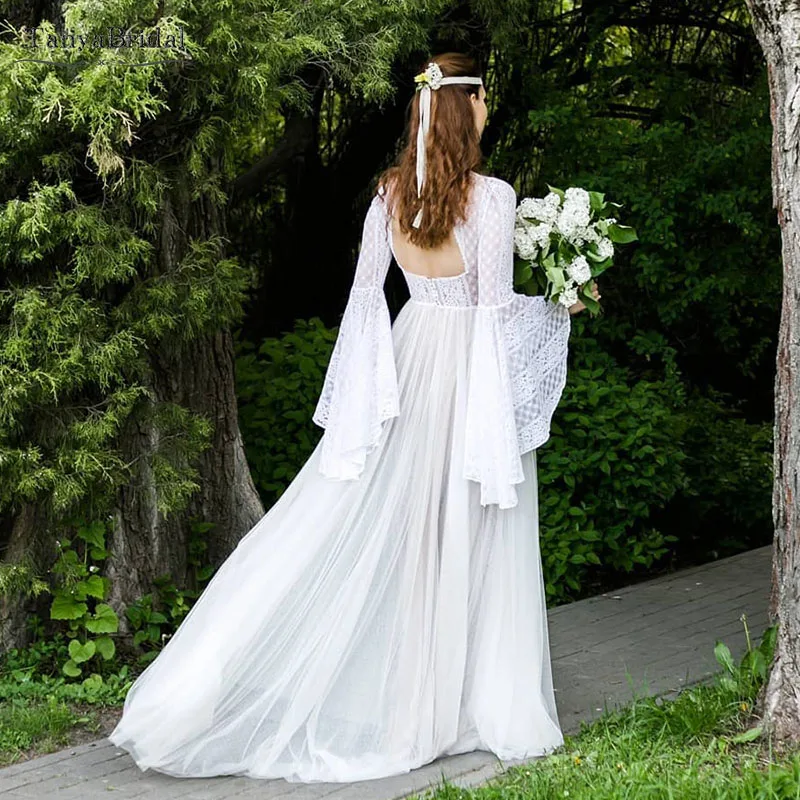 

Vintage Long Sleeve Wedding Dresses high Neck A Line Boho Fairy Bridal Gowns Country Vestido De Noivas DW170