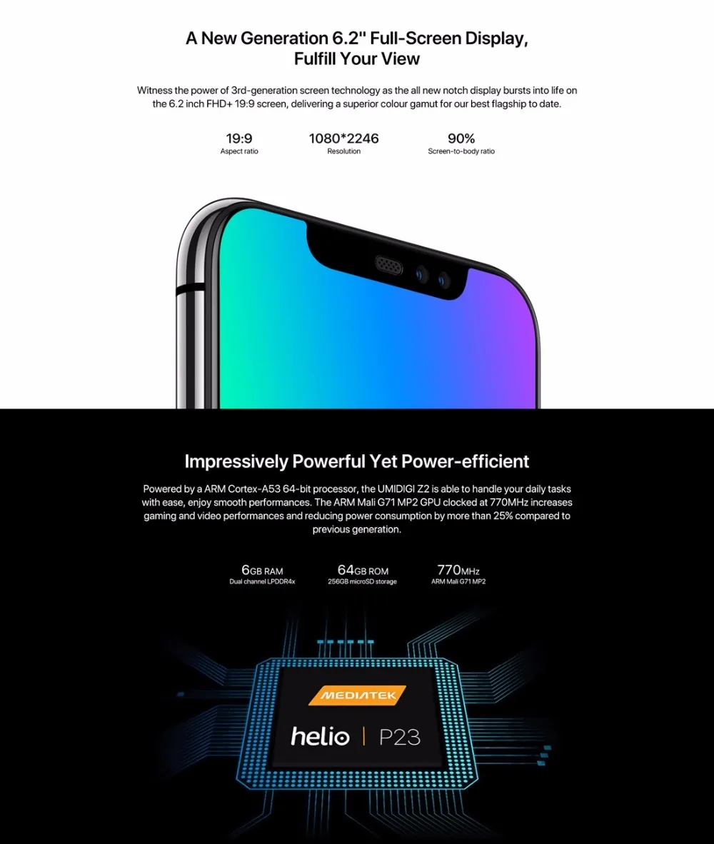 UMIDIGI Z2 Helio P23 2 0 ГГц восьмиядерный смартфон 6 &quot6 ГБ ОЗУ 64 Гб ПЗУ 16 Мп + 8 четыре камеры