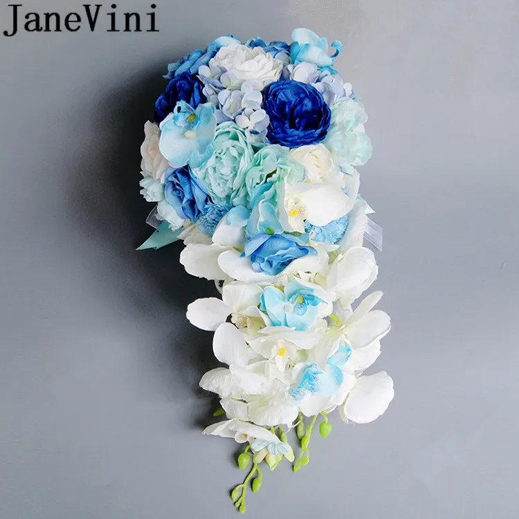 

JaneVini 2020 Waterfall Royal Blue Flowers Silk Wedding Bouquet With Crystal Vintage Artificial Bridal Flower Bride Bouquet Pink
