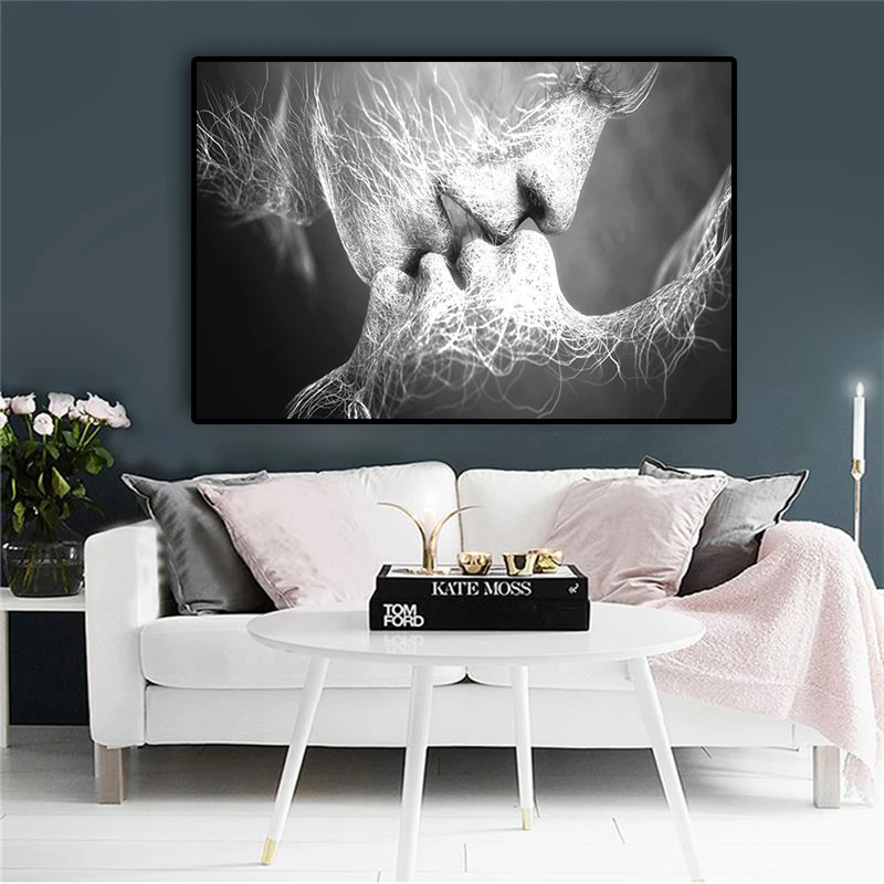 

Black and White Love Kiss Abstract Canvas Painting Posters and Prints Scandinavian Nordic Wall Pop Art Picture for Living Room