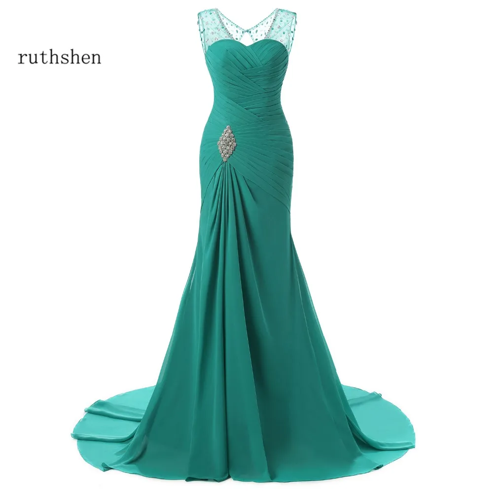 

ruthshen 2021 Evening Dresses Mermaid V-Neck Cap Sleeves Green Beaded Chiffon Elegant Long Evening Gown Prom Dress