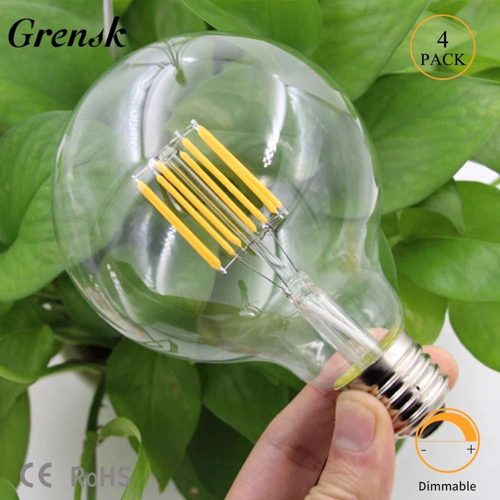 Grensk Vintage LED Filament Bulb Edison G95 Clear 8W AC 220V 240V E27 Led Warm White 2700K Household Bar Lighting Dimmable