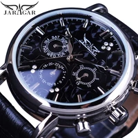 jaragar fashion luxury men automatic mechanical wrist watches top brand black leather band 3 sub dials 6 hands date reloj hombre