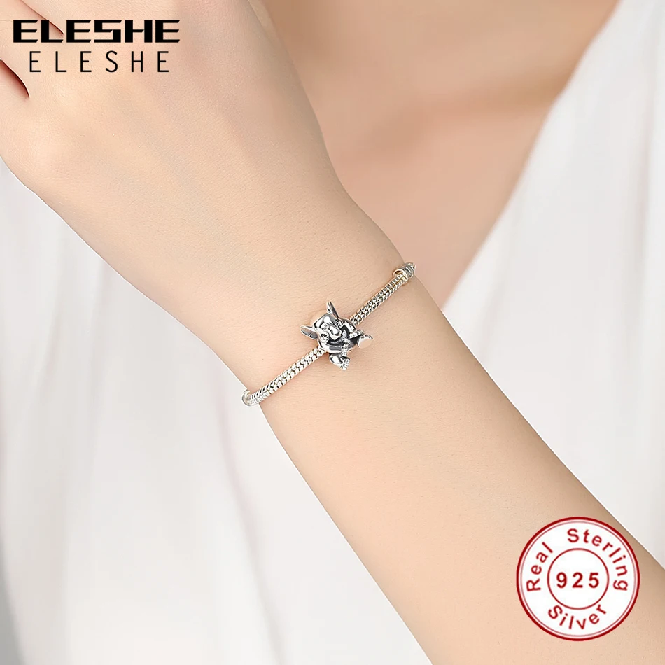 Подлинный eleshe серебряные бусины 925 пробы животных Слон черные эмалированные амулеты подходят для браслетов и браслетов DIY Изготовление ювелирных изделий