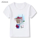 Летние футболки с изображением Парижа Эйфелевой башни, забавная винтажная Милая футболка для девочек, Повседневная белая детская футболка с надписью Love из Парижа, KTP6377