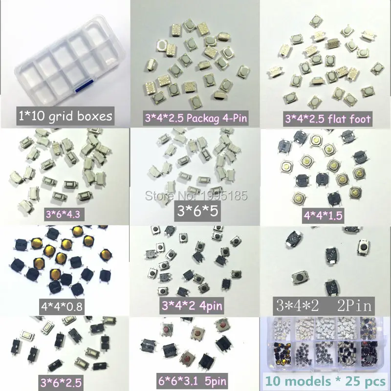 10 моделей 250 шт. Тактильный кнопочный переключатель Микро кнопка дистанционного