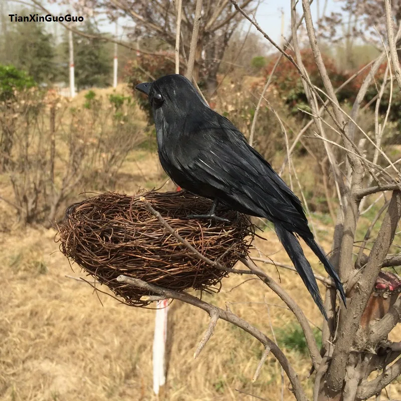 

about 15cm simulation crow bird hard model polyethylene&black feathers bird with nest handicraft garden decoration gift s1089