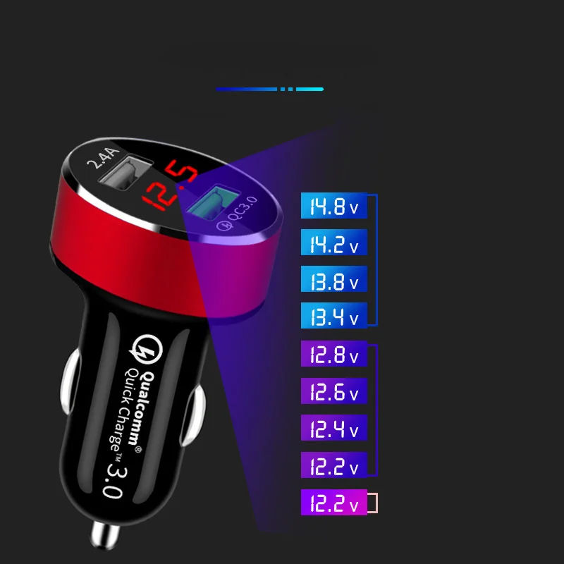 Автомобильное зарядное устройство с двумя USB портами QC3.0 и красным светодиодным