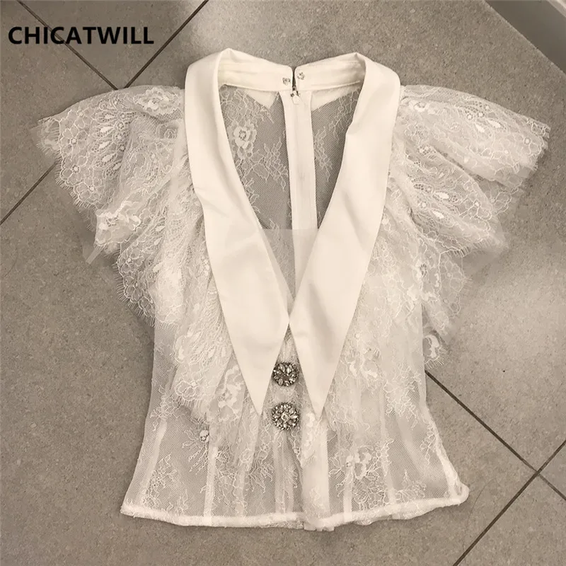 white CHICATWILL, летние, дизайнерские, во французском стиле, офисные, женские, белые, кружевные, v-образный вырез, блузки, женские, элегантные, OL Топы - Цвет: white