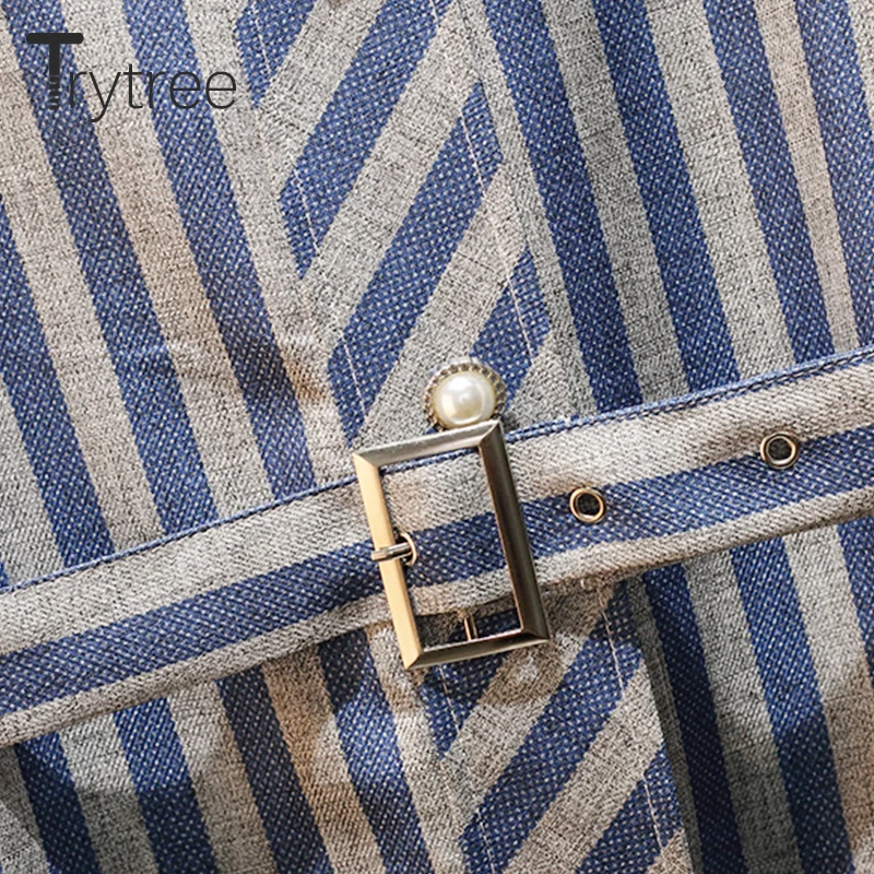 Trytree Summer Dress Women Casual O-Neck A-line Cotton tShirt Patchwork Striped Polyester Belt Pockets Office Lady dress | Женская