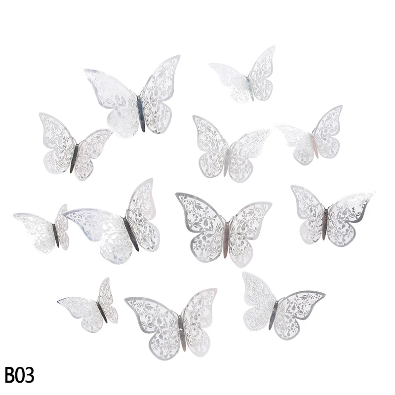B03-12Pcs 12 шт. красивые розовые золотые серебряные 3D полые бабочки настенные Стикеры для свадьбы, дня рождения, вечеринки, дома, детской комнаты, декоративные настенные наклейки - Цвет: B03-12Pcs
