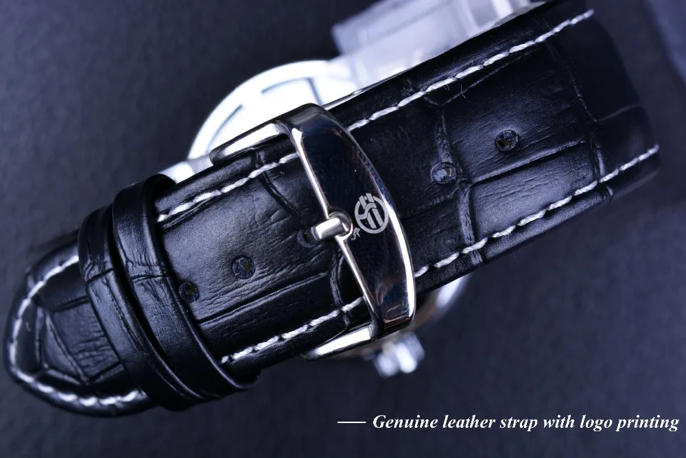 Мужские наручные часы с ремешком из натуральной кожи Forsining роскошные черные