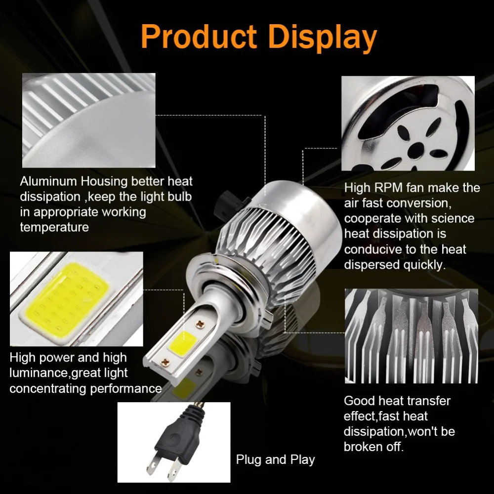 Safego 2 шт. LED H1 H4 H7 H8 H9 H11 9005 HB3 9006 HB4 Автомобильная фара лампа C6 Hi/lo комплект луча COB
