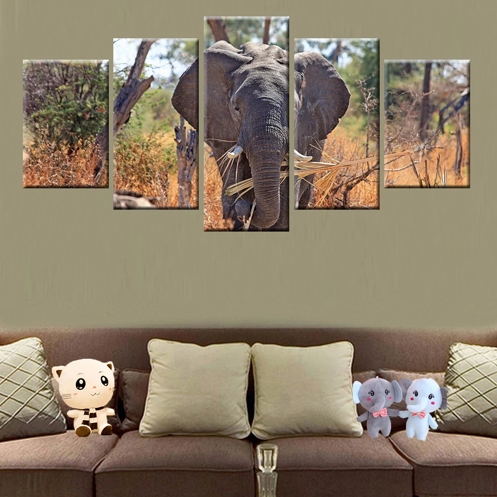 Холщовый постер с 5 панелями африканская степная слон животные HD печать
