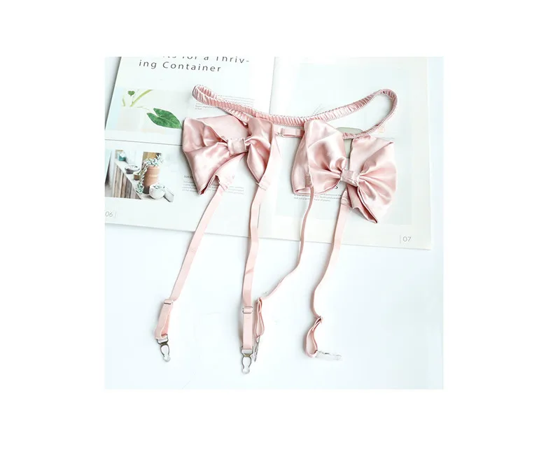 New Bow Underwear Sexy Pink 1/2 Cup Lace Babydoll Open Bra Set 3pc Bras& G-String& Net Socks& Sling Women Lingerie Nightwear