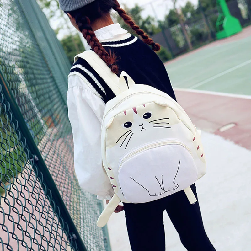 Lovely Cat Printing Backpack Women Canvas School For Teenagers Ladies Casual Cute Rucksack Bookbags(Creamy-White) | Багаж и сумки