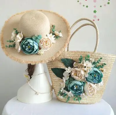 hat bag set Новая обувь ручной работы с сумочкой в виде цветка для 2 шт./компл. тканые Сумки для Для женщин Мода Уникальный дизайн сумка Boho женская Соломенная пляжная сумка - Цвет: hat bag set