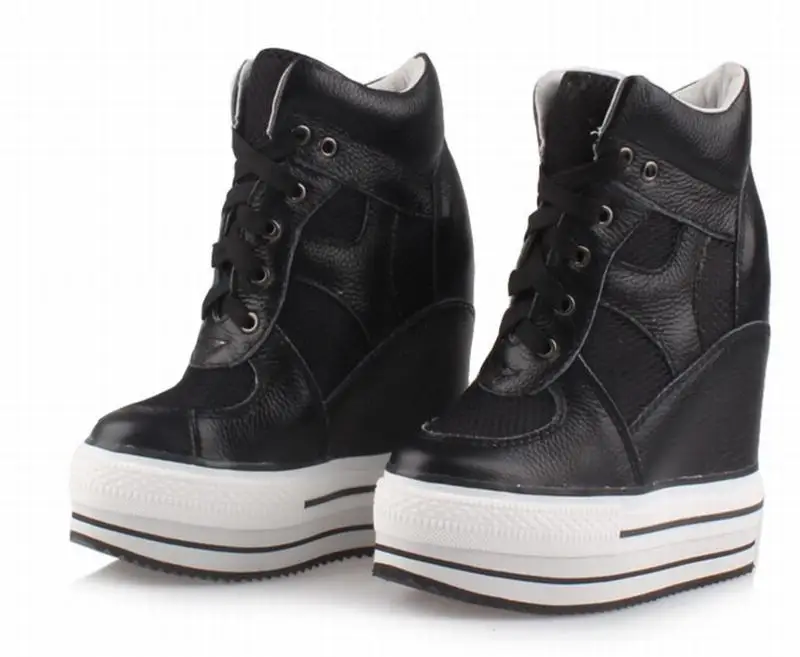 

fashion thick bottom high platform women snow ankle boots genuine leather height increasing 15 cm casual shoes wedges high heels