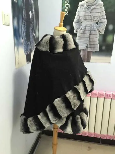 

Free shipping Drop shipping chinchilla rex rabbit fur length 80cm cashmere cape
